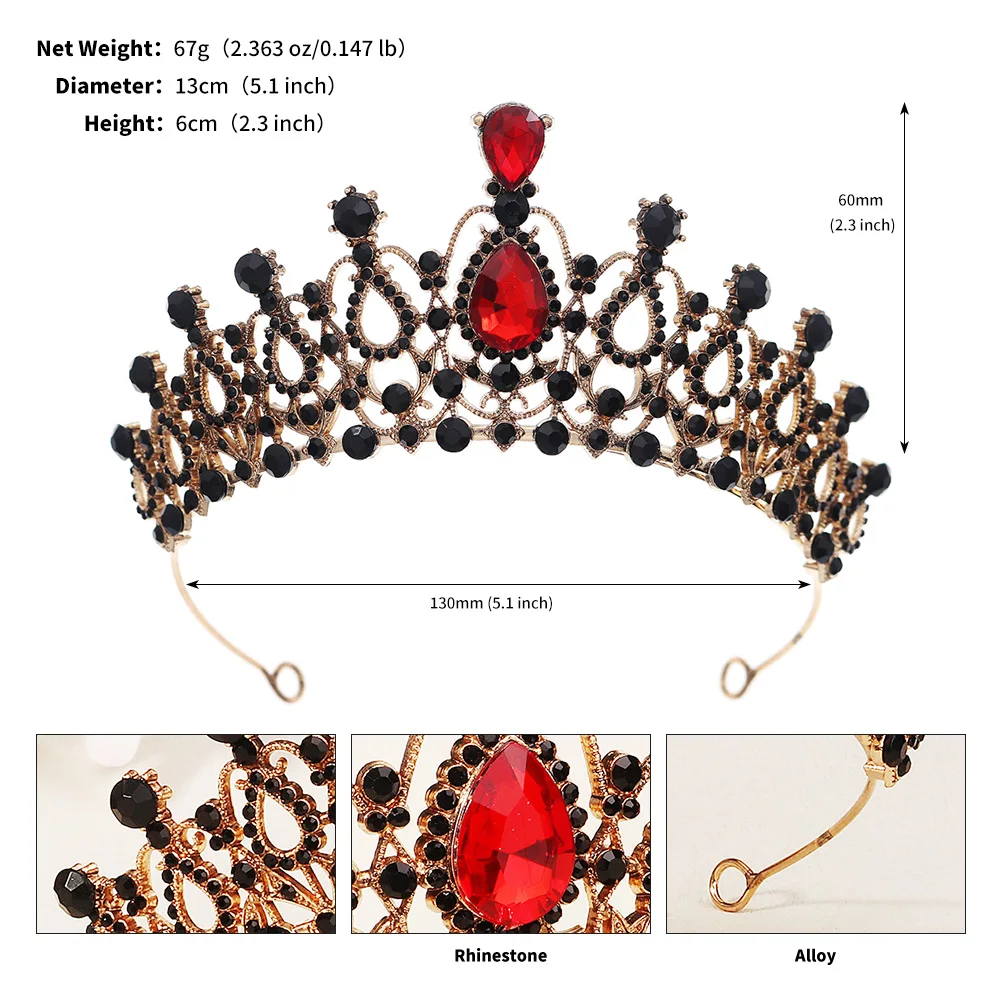 Halloween Vintage Prinzessin Königin Dunkle Krone Kopfbedeckung Kristall Tiara Für Frauen Rote Krone Haar Kleid Zubehör Schmuck – Detail 18