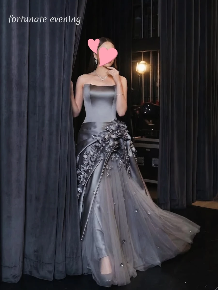 

Fortunate Evening Elegant Vintage Sweet Gray Flowers Beads Asymmetric Customized Formal Occasion Prom Dress Evening Party Gowns