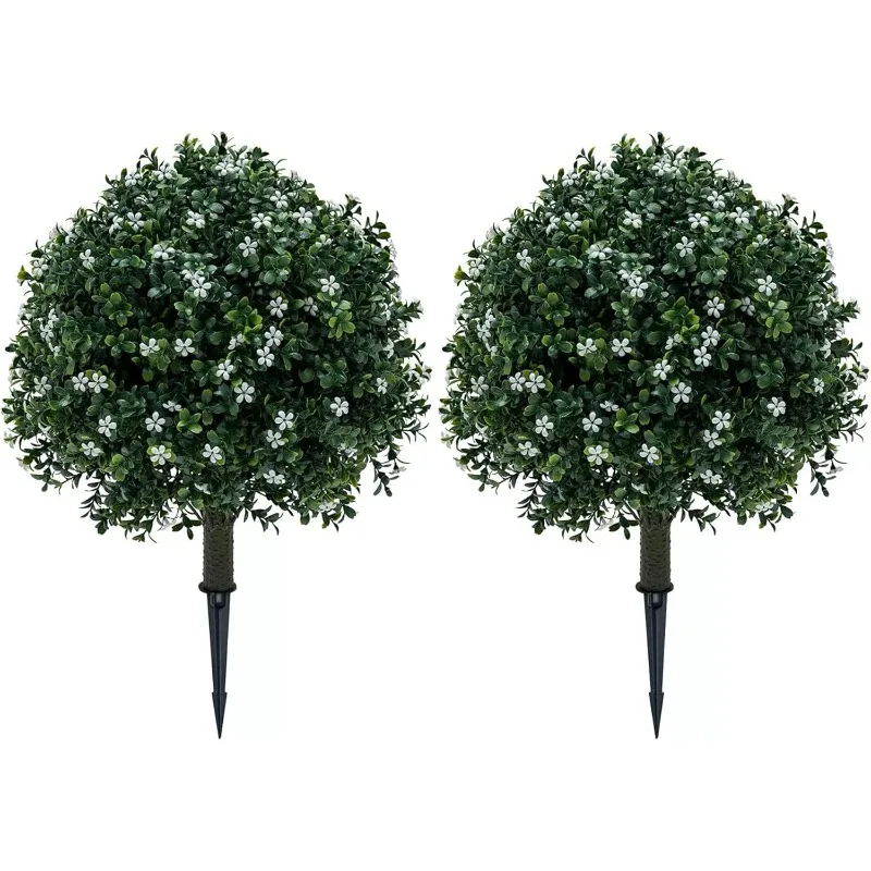 

Balls Topiary Trees Artificial Outdoor 2 Pack - 25.6in UV Resistant PE Greenery with White Flowers, Sturdy Aluminum Spik