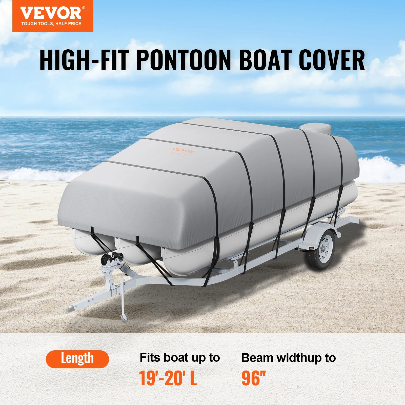 VEVOR 19'-20' Waterproof Trailerable Pontoon Cover 800D Marine Grade PU Oxford Fabric with Motor Cover 16 Windproof Buckle Strap