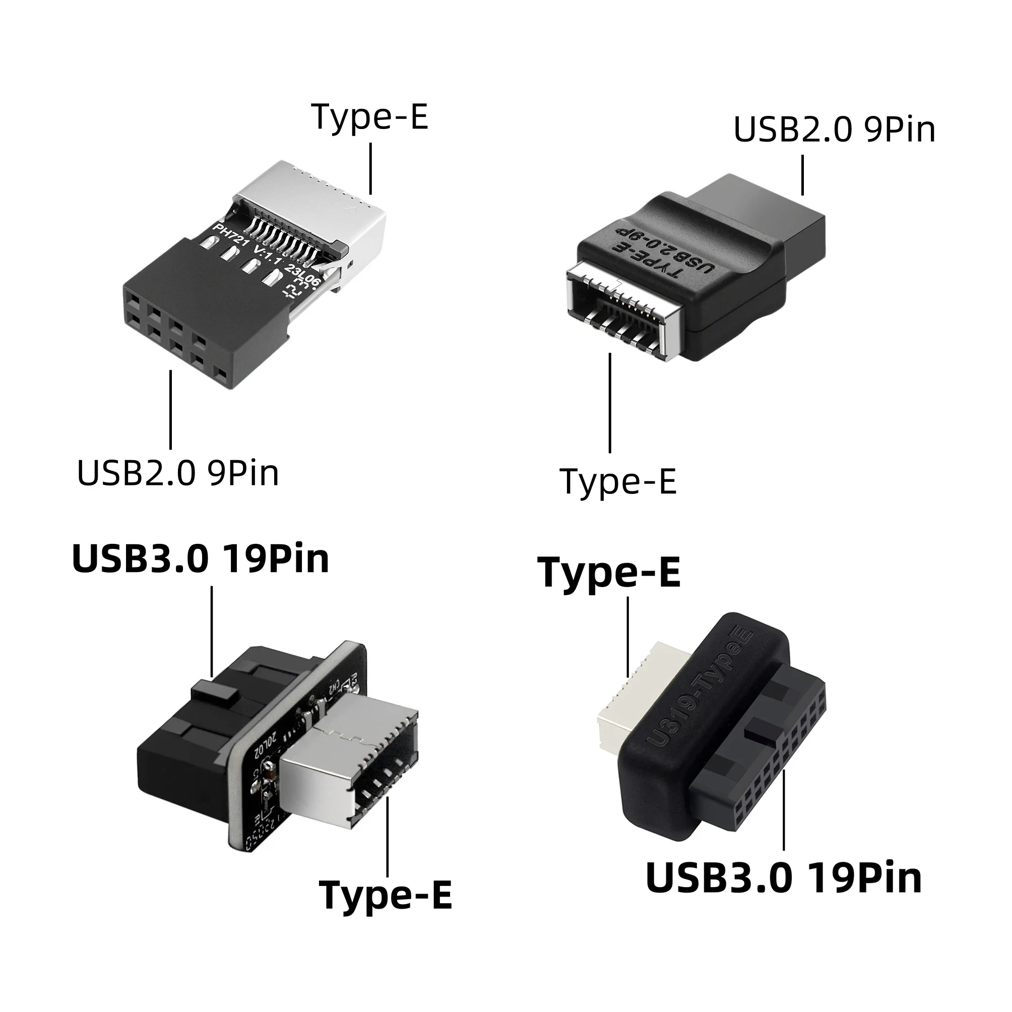 Motherboard USB 2.0 9Pin, USB 3.0 19Pin to Type-E (A-Key) Adapter for Extending USB C Ports on Front Panel of Desktop PC