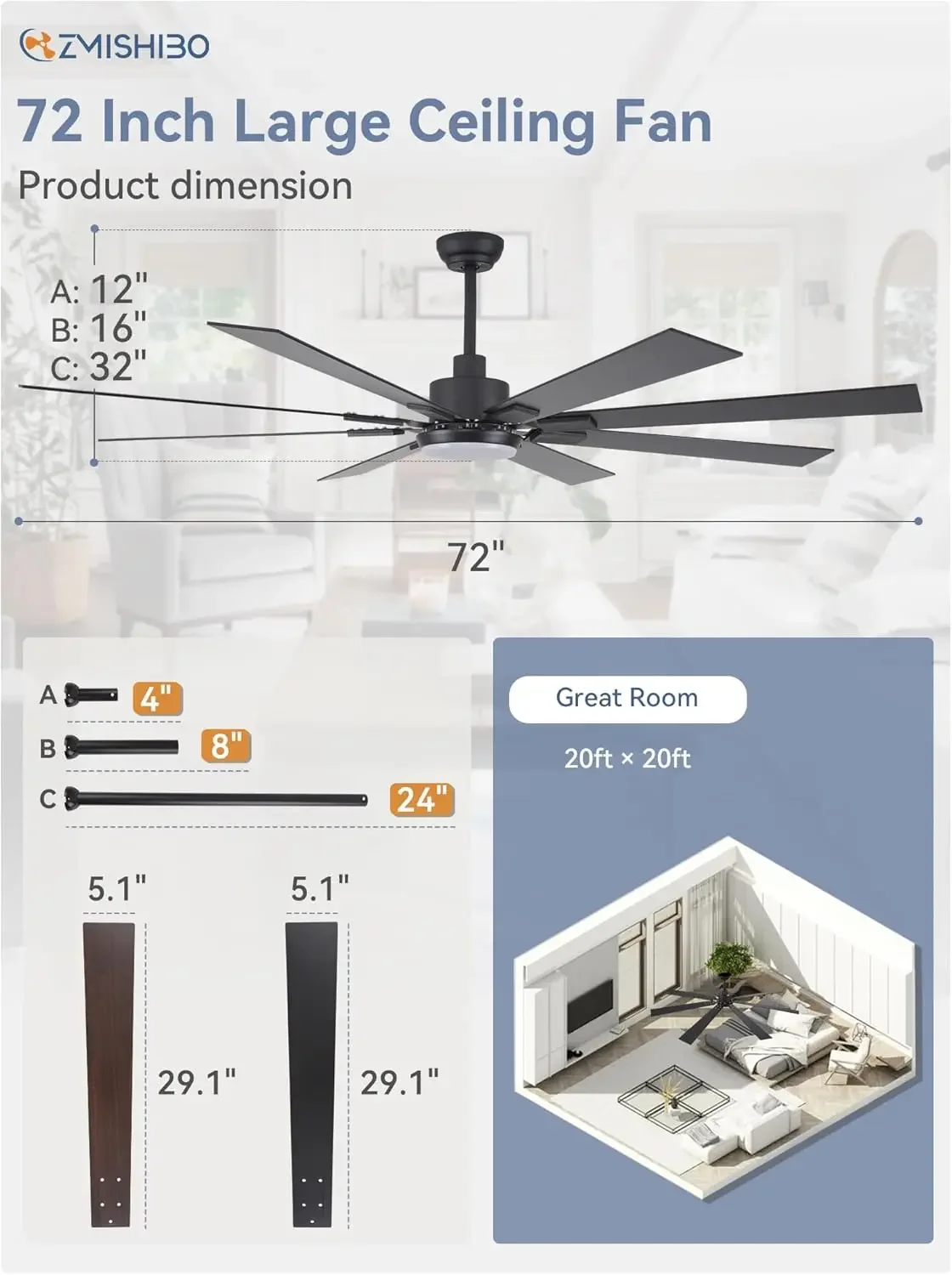 72 Zoll große Deckenventilatoren mit Lichtern und Fernbedienung, schwarzer moderner Deckenventilator für den Innen- und Außenbereich für Küche, Wohnzimmer, Terrasse