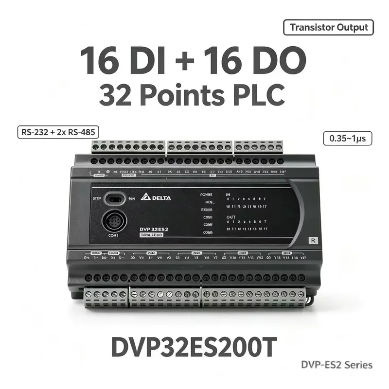 DVP32ES200T PLC 16DI 16DO Transistor 16K Steps 100kHz Pulse RS-232/485 for Automation