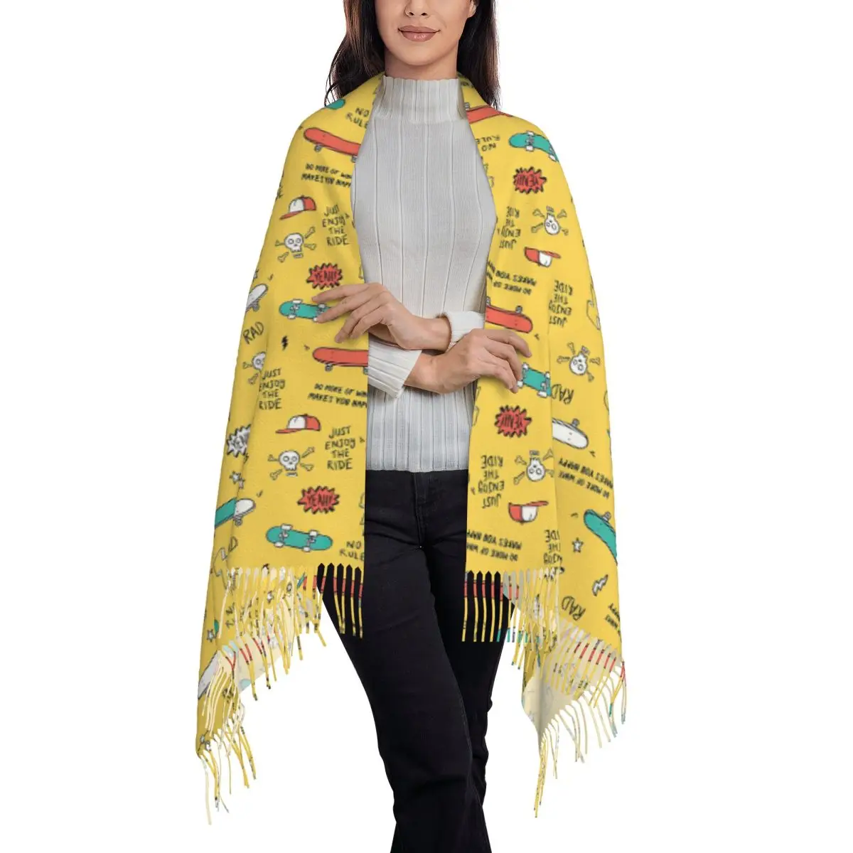 Cartoon Skateboard Graffiti Pattern Scarf Tassel Scarves Women Soft Warm Shawls and Wraps Long Fall Winter Shawl Wrap