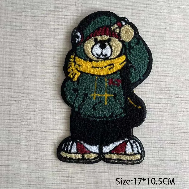 Cartoon Big Teddy Bear In Green Sewing Patch,Chenille Embroidery Applique Badges Sew On Patches DIY For Clothing Kids,Backpack