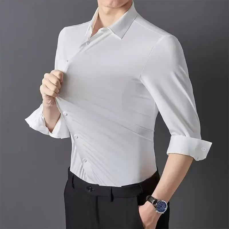 Naadloze Anti-Rimpel Zakelijke Zijdezachte Hoge Elastische Spandex Heren Lange Mouwen Shirt Formele Sociale Niet-Ijzeren Effen Kleur Casual