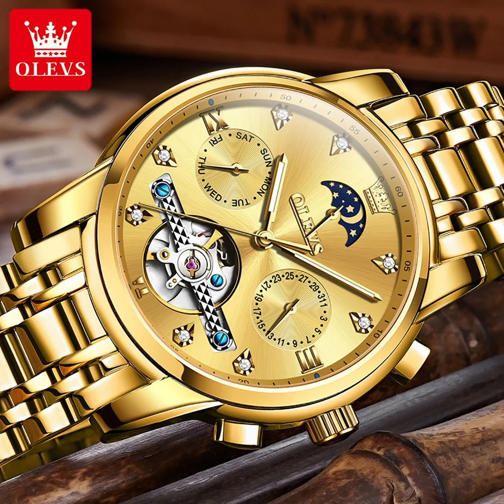 ساعة OLEVS توربيون ذهبية فاخرة للرجال بحزام من الفولاذ المقاوم للصدأ مقاومة للماء لمرحلة القمر ساعات آلية عصرية للرجال #4