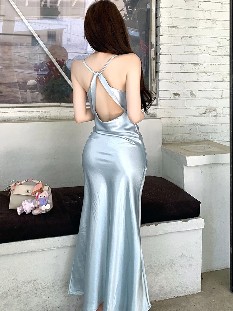2025 ブルーサテン バックレス セクシー スリングドレス 春秋 エレガント ラグジュアリー イブニングドレス ガウン レディース 韓国ファッション ボディコン ワンピース