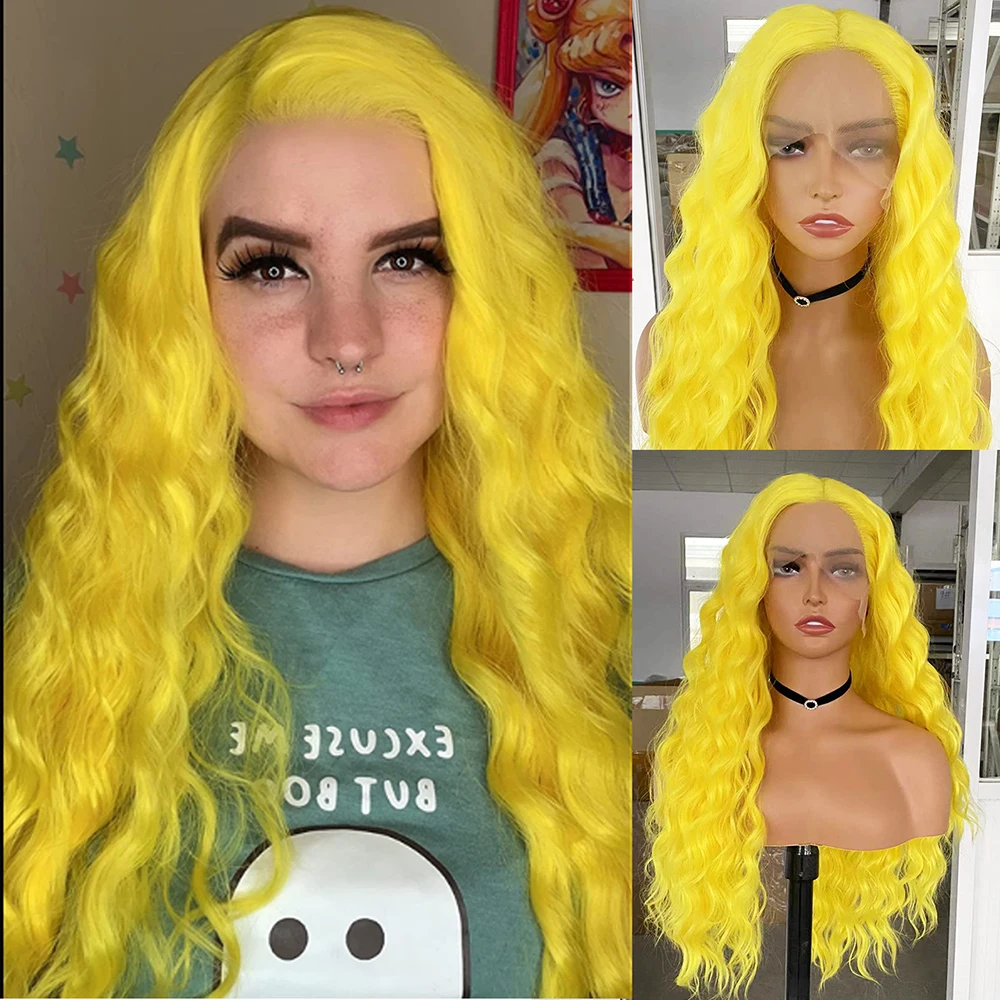 AIMEYA peluca sintética de color amarillo limón, resistente al calor, encaje frontal, onda larga de cuerpo, uso diario, fiesta de Cosplay