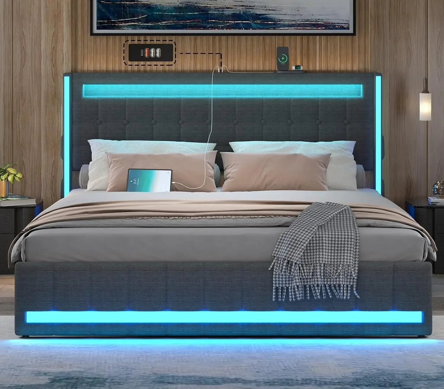 Queen Size Bed Frame with LED Lights and Charging Station, Upholstered Platform Bed with Adjustable Headboard