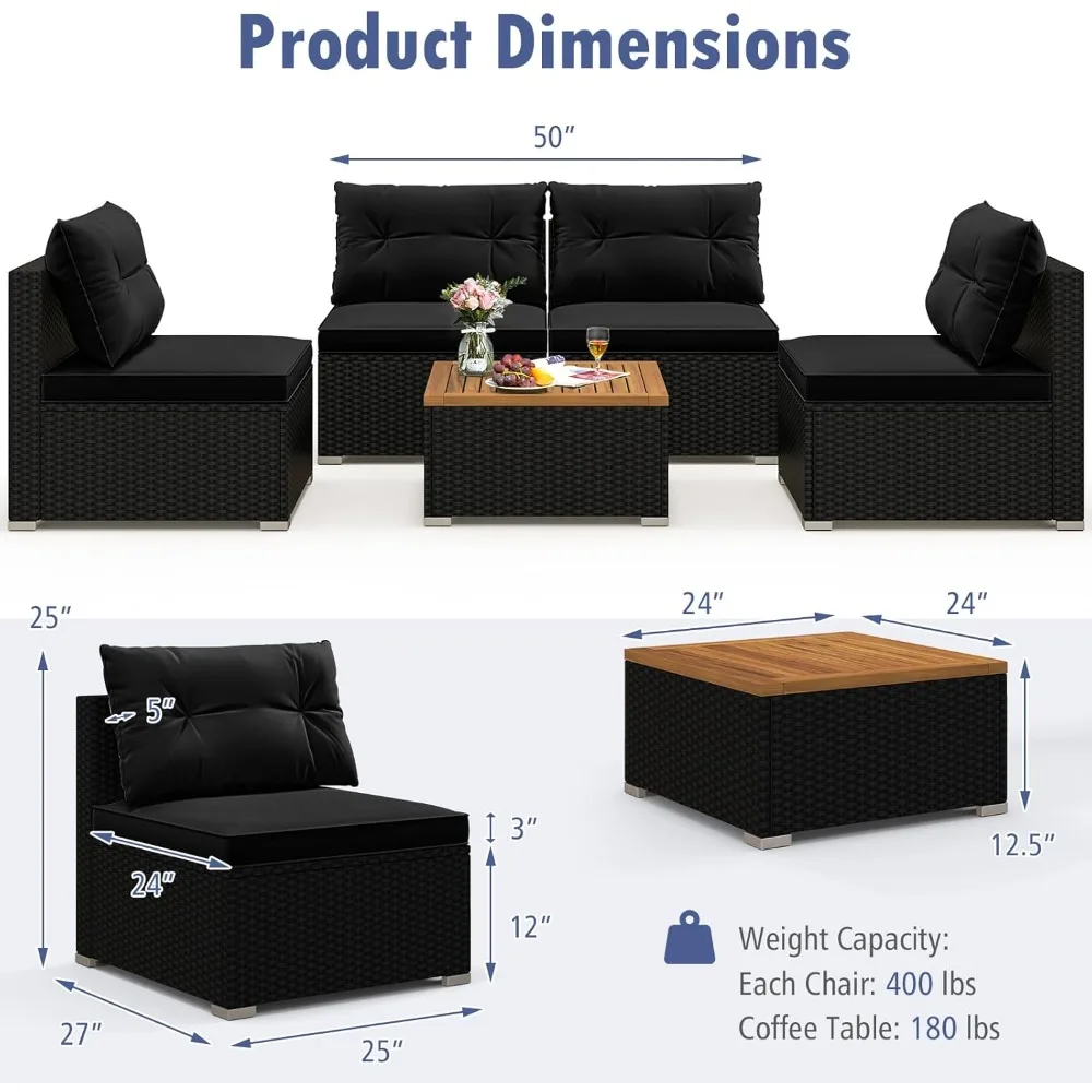 5ピース籐屋外家具 - PEラタンセクショナル会話セット、アームレスソファ4脚、アカシア材コーヒーテーブル、クッション付き