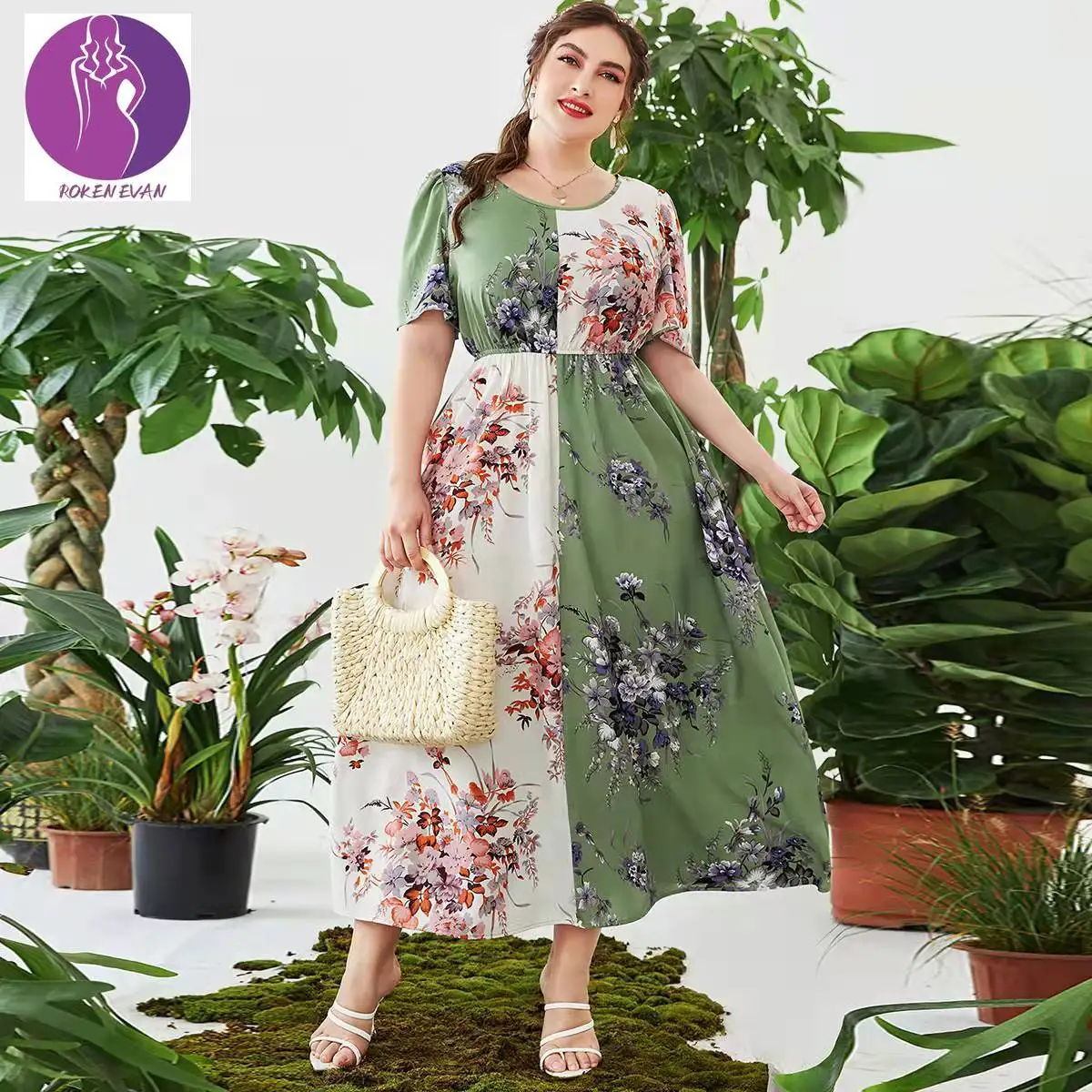 

2022 Women Plus Size Dress Middle East Loose Casual Elegant Floral Print Elastic Waist Maxi Dress European Clothing Abaya