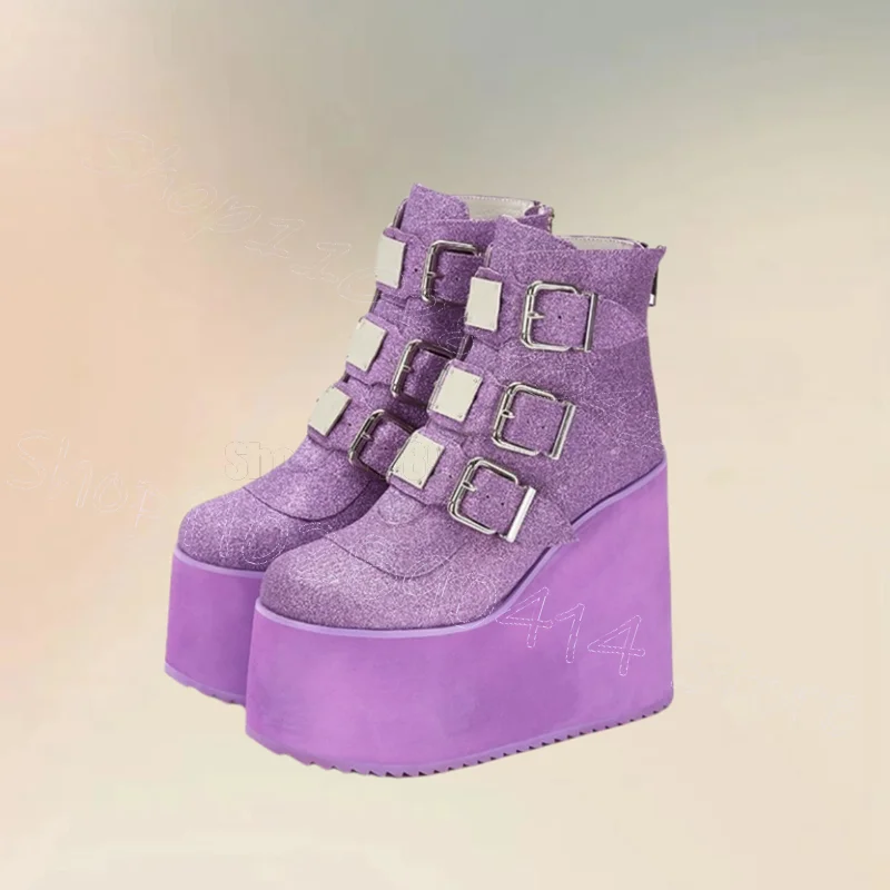 Lila Pailletten Schnalle Keile Ferse Plattform Stiefel Zurück Zipper Frauen Schuhe Runde Kappe Roman Party Bankett 2025, Zapatos Para Mujere