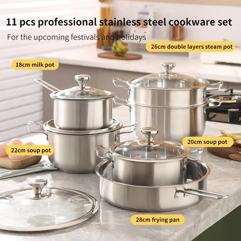 11-Piece Cookware Set Stainless Steel Cooking Pot Cookware Includes Pans and Pans