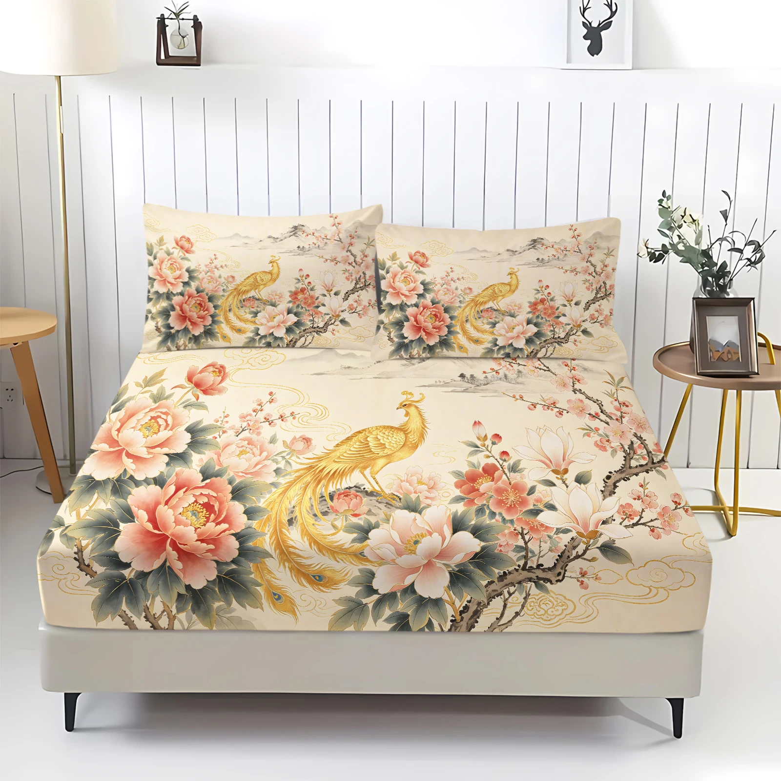 Chinese Vintage Golden Phoenix Peony Fitted Sheet Set Oriental Cloud Floral Print Deep Pocket Elastic Mattress Cover Bedding Set