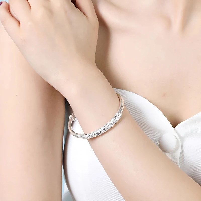 OUYADI 999 Sterling Silver Ladies Elegant Push‑Pull Silver Bracelet, Free Custom Engraving Fine Jewelry Gift