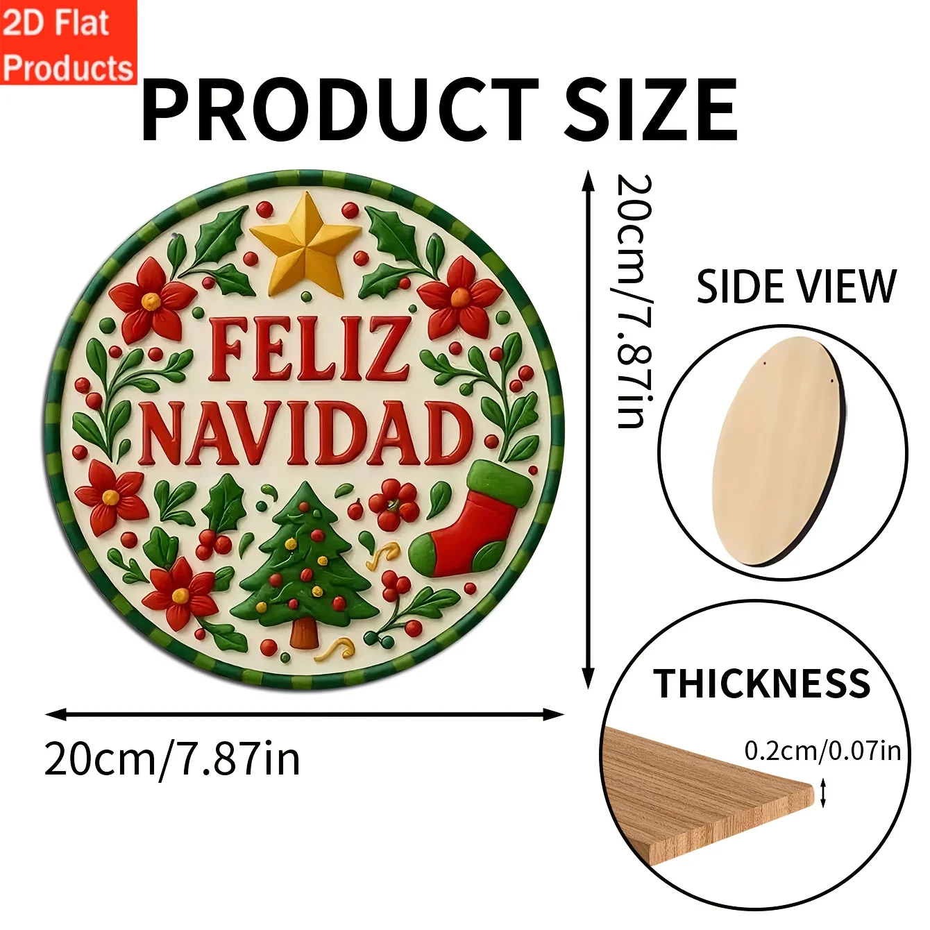 2D flach, 1 Stück rundes Wandschild aus Holz – spanische Weihnachtsdekoration „Feliz Navidad“ mit Stechpalmen, Beeren und Sternen, klassischer Feiertag