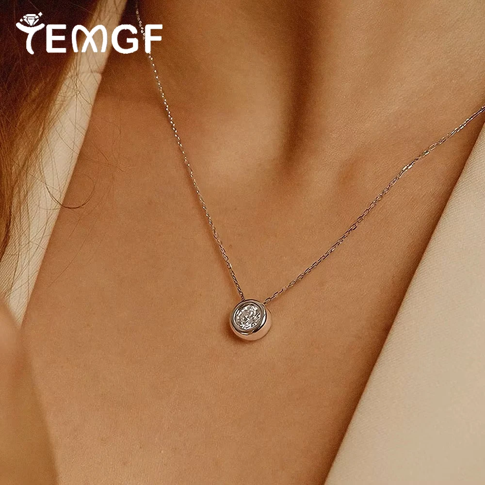 

TEMGF 5mm/6.5mm Moissanite Necklace for Women Simple 925 Silver Solitaire Bubble Pendant Chain Plated 18K Gold Wedding Jewelry