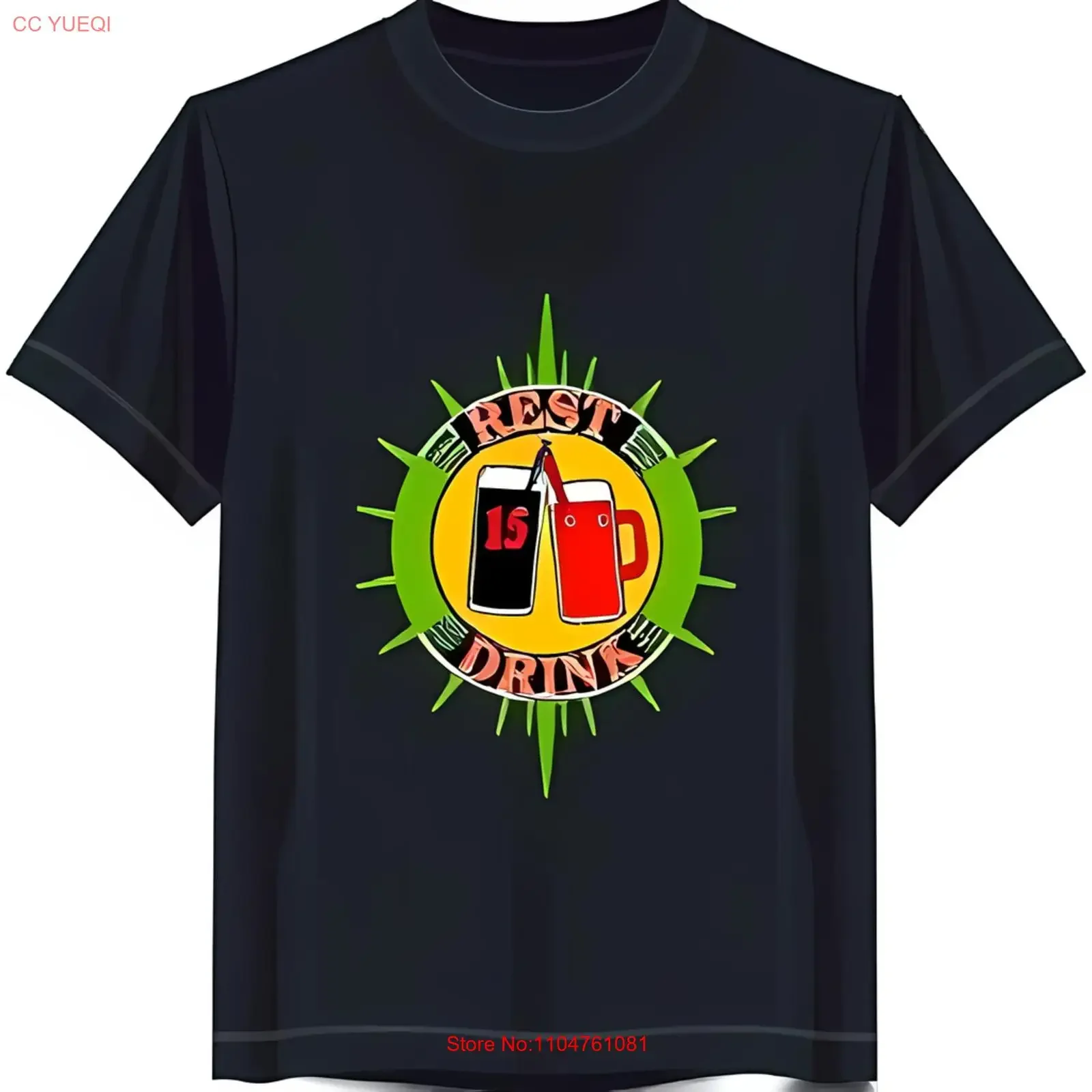 

Черная футболка с красочным дизайнерским мотивом чашки "REST DRINK" в винтажном стильном мягком топе для повседневной носки, уличная одежда для дома