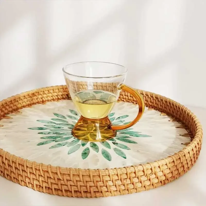 

Hand Woven Mosaic Tray Decorative Round Rattan Serving With Mother Of Pearl Inlay For Snacks Dried Fruit Plate Home Ornamen 97