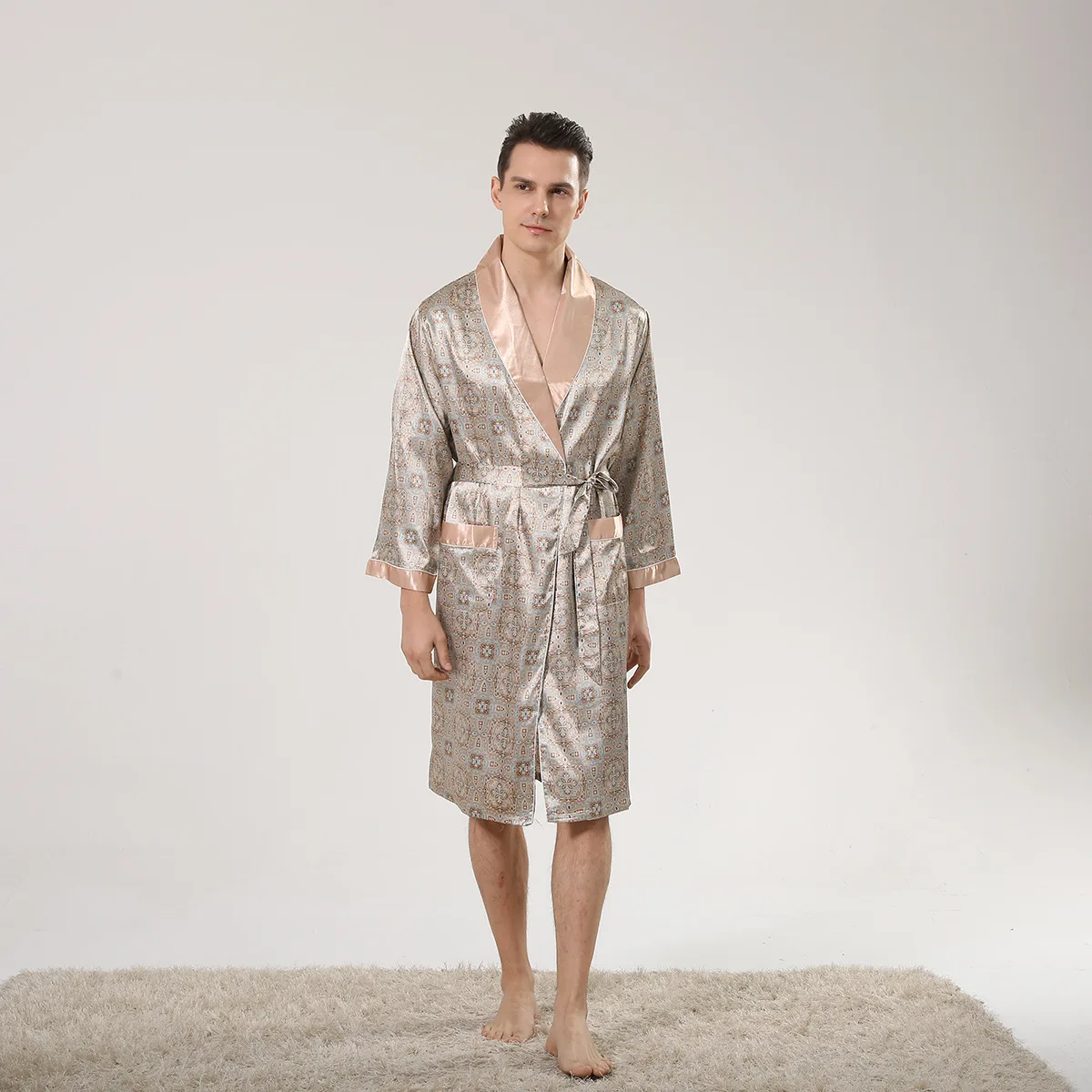 

Champagne Robe Nightwear Men's Printed Sleepwear Personality Fashion Nightgown Male Loose Casual Home Clothes Kimono Gown