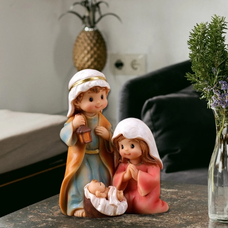  Resins Cartoon Nativity Scene Figurine Christmas Decorations Miniature Holiday Display Ornament For Tabletop Mantels