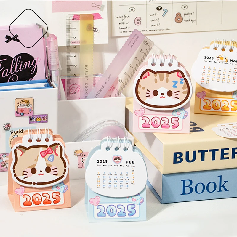 

2025 Desk Calendars Kawaii Cat Mini Coil Calendar Book To Do List Cute Daily Planner Schedule Organizer Time Manegement Office