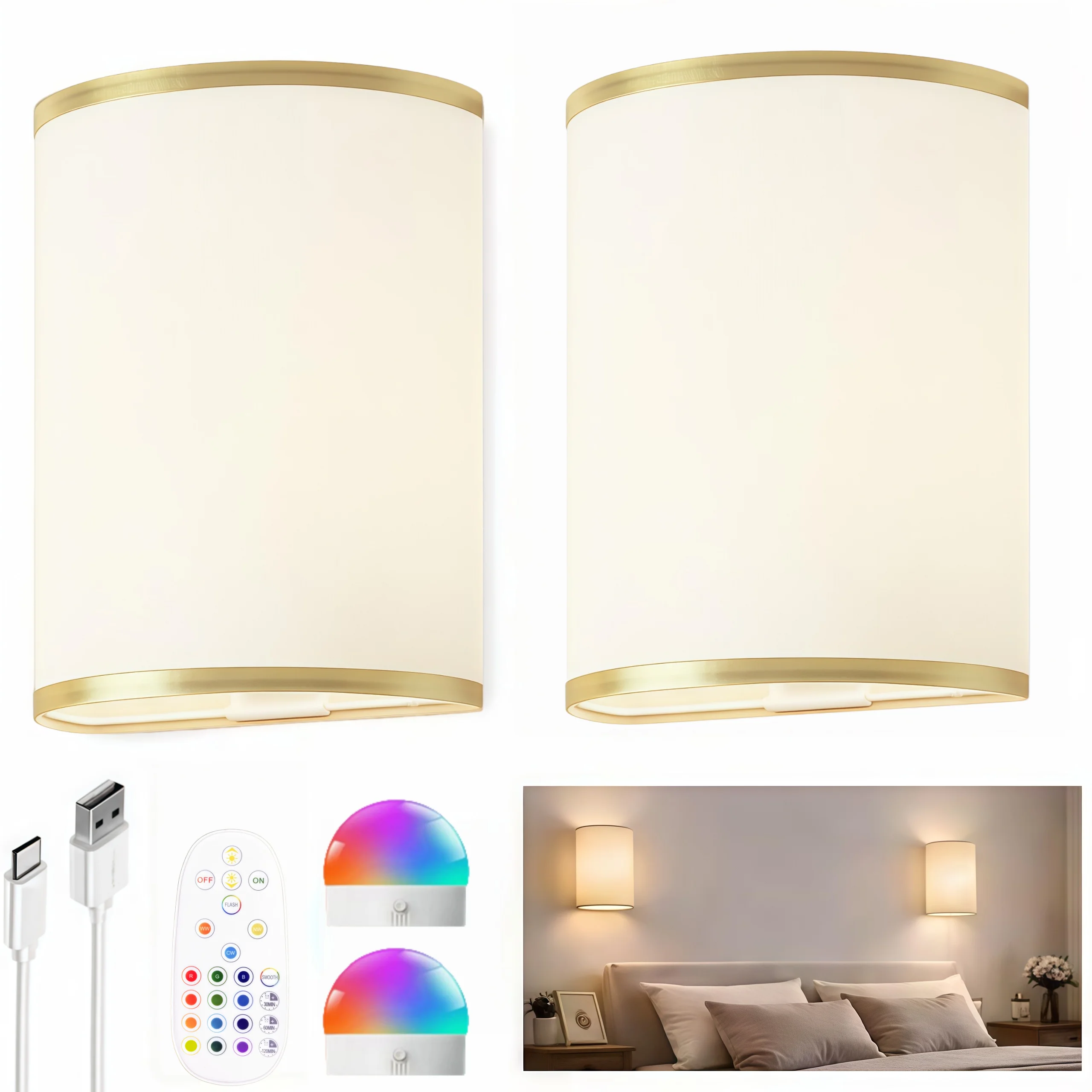Battery-Powered Wall Light, Rechargeable Wall Light with Remote Control, 3 Colors and 12 Rgb Wireless Wall-Mounted Lights, Dimmable, Timer, Peel-And-Stick, Fabric Linen Wall Light for Bedroom, Living Room, Hallway