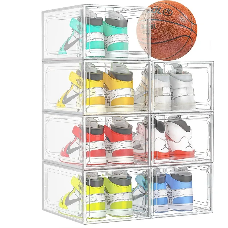 

XX-Large 7 Packs Clear Plastic Stackable Shoe Storage Organizer with Magnetic Door, Drop Front Shoe Boxes Case Rack