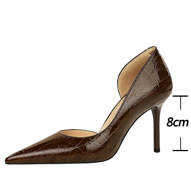 BIGTREE Shoes Women 8 Cm Patent Leather Design Women Pumps Pointed Side Hollow Retro High Heels Stilettos Sexy Party Shoes 43