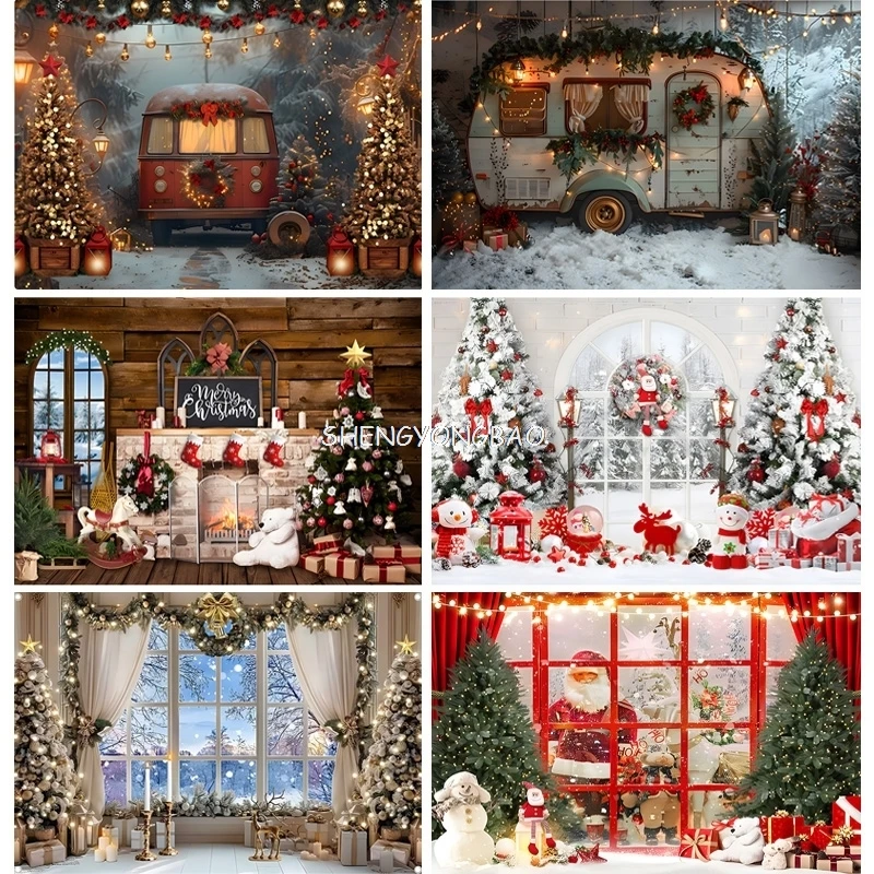 

Christmas Tree With Gift Boxes Photography Backdrops Winter Snow Decorations Wooden Door Fireplace Room Background Props ST-06