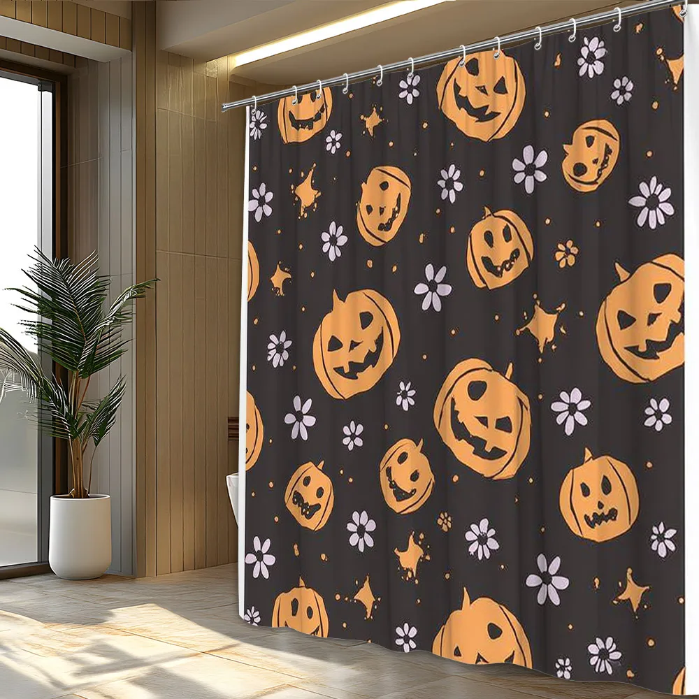 

1 шт., лампа Джека на Хэллоуин, занавеска для душа с цветочным узором - оранжевая тыква и белые цветы на темно-коричневом фоне