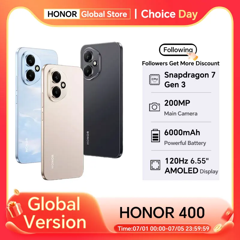 

2025 New HONOR 400 Global Version 5G Smartphone 6.55'' AMOLED 120Hz Screen Snapdragon 7 Gen 3 200MP Camera 80W Supercharge eSIM
