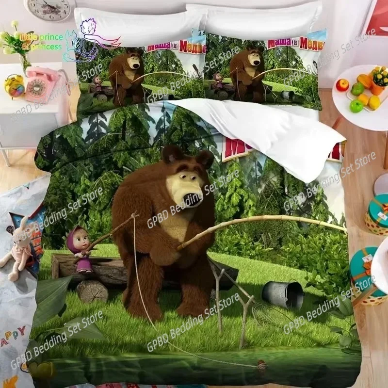 Kawaii Mashas and Bear Bedding Set Single Twin Full Queen King Size Bed Set Adult Kid Bedroom Bedding Gift