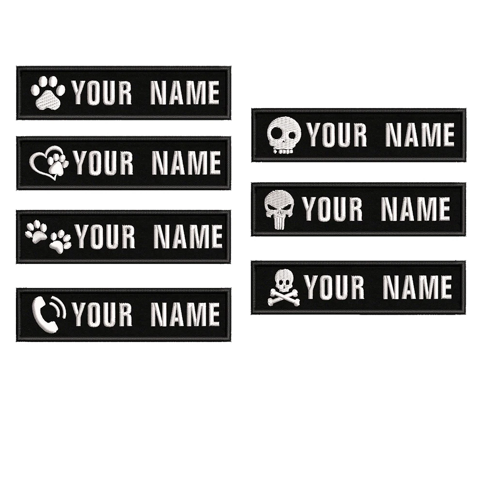 1PC 10cmX2.5cm Custom Name number Patch Badge tags Stripes Iron On Or Hook Loop dog paw dog footprints skull Punisher Telephone