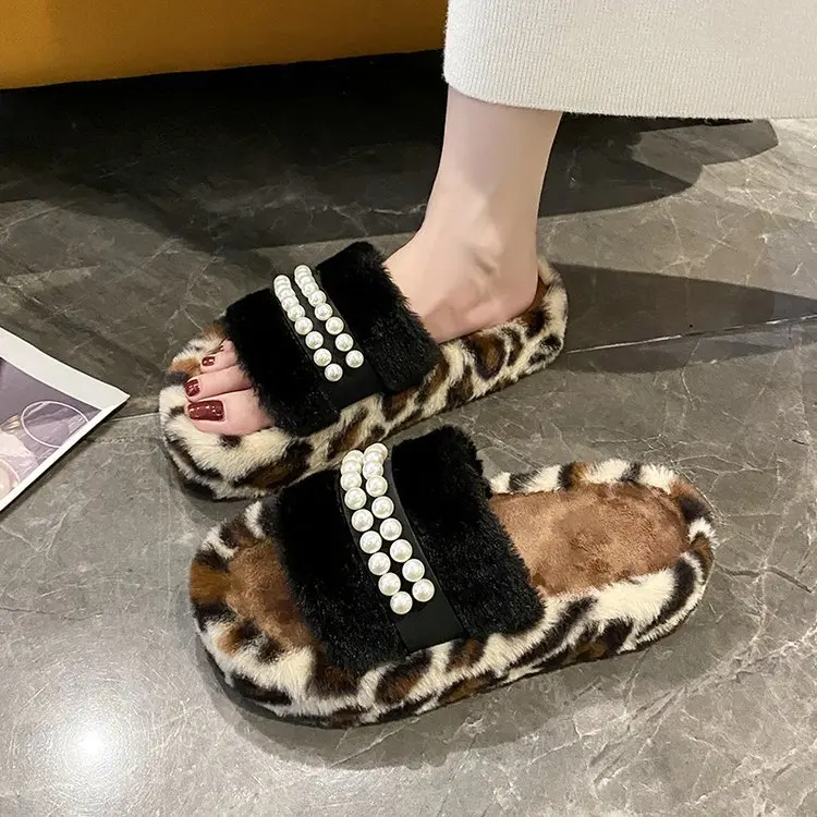 Sandal wanita, sandal macan tutul seksi, kasual, sepatu desainer mutiara, sandal rumah, sepatu wanita elegan musim dingin