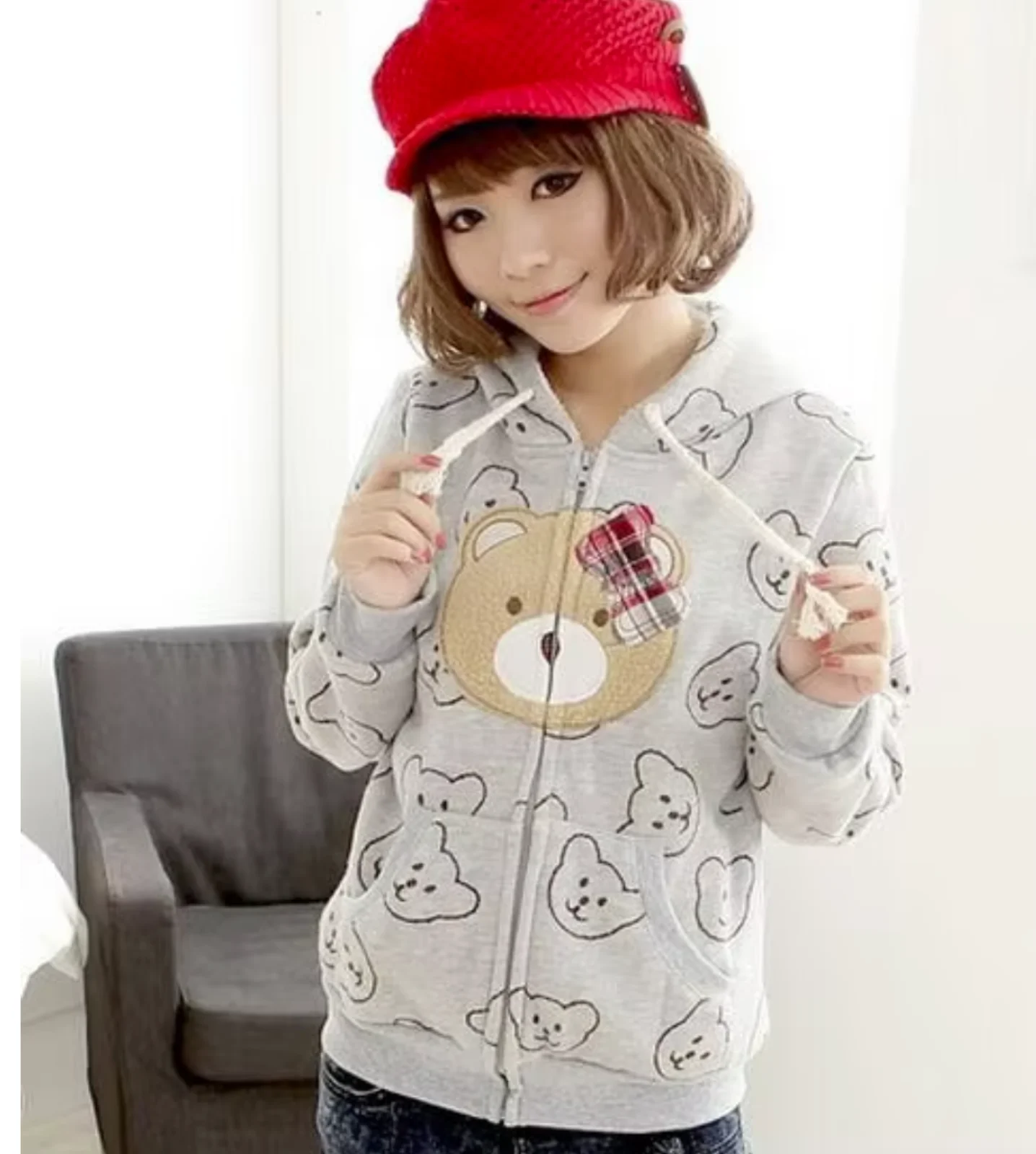 

new Lovely Bear cartoon embroidered fleece zip warm coat female Spring Autumn Korean cute bear warm fleece hoodie cardigan