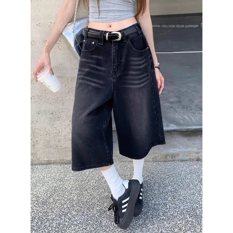 PBAP Whiskers Women Black Baggy Jeans Jorts Washed Distressed Low Rise Straight Wide Leg Denim Shorts Vintage Summer Streetwear