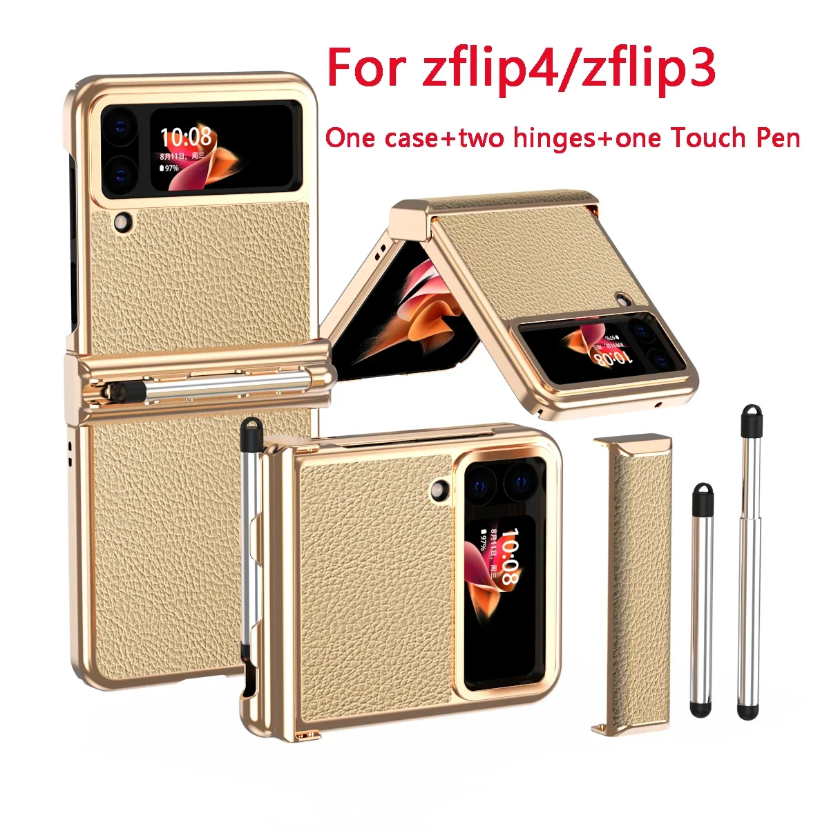 

For Samsung Galaxy Z Flip 5 4 Case with Pen Dual Hinge with Touch Pen Slot Luxury Leather Cover for Galaxy Z Flip4 Flip3 Case