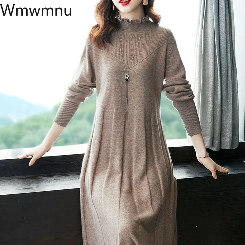 Knitted Midi Dress Half Turtleneck Thick Long Sleeve Knitwear Vestidos Loose Oversized 5xl Sweater Robe Women Fall Dresses