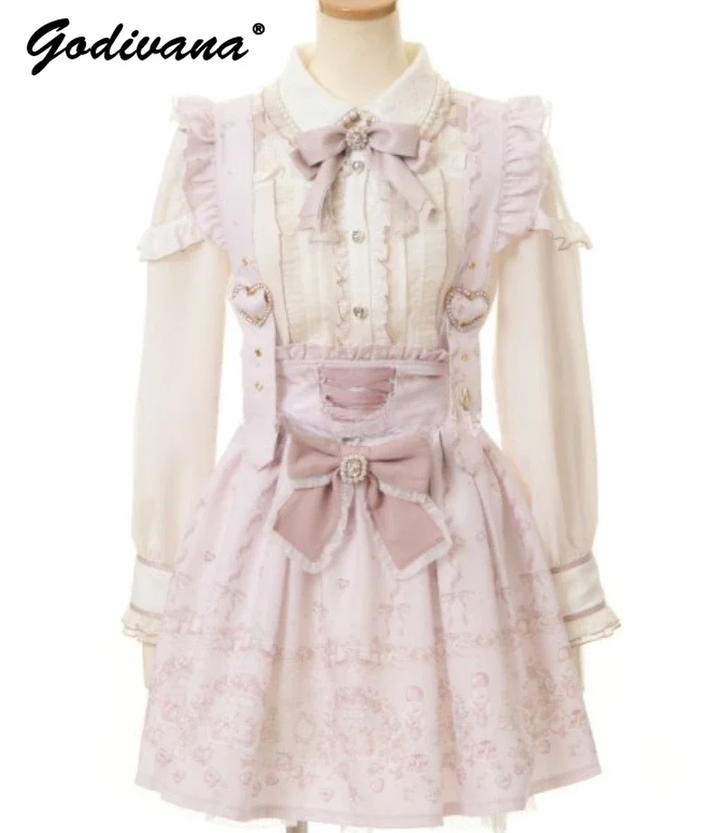 

Sweet Girl Pink Printed Short Dress Japanese Mine Mass-Produced Ribbon Bow Diamond Heart Buckle Removable Liz Suspender Dress