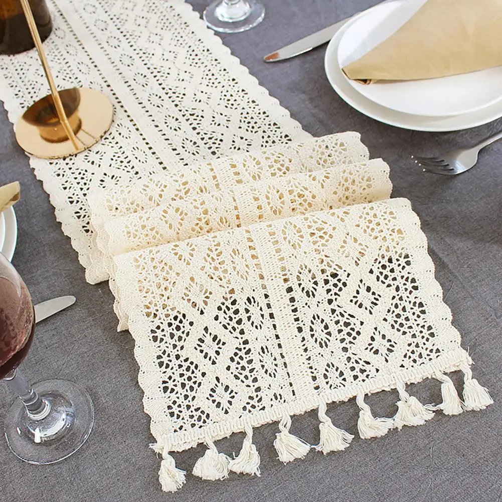 Nordic Romance Crochet Lace Table Runner with Tassel Cotton Hollow Tablecloth Beige Table Cover Coffee Bed Runners Wedding Decor