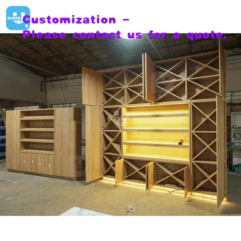 

custom.Custom Retro Wine Bottle Storage Tiltable Wall Display Shelf Liquor Store Interior Design Wooden Wine Shop Furniture