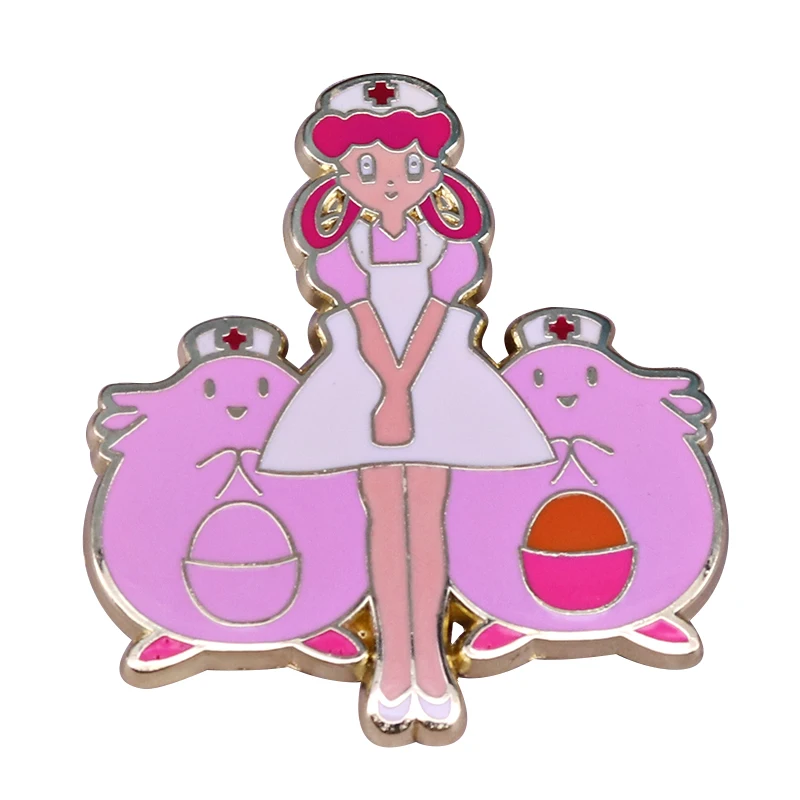 Pokemon Nurse Girl Joy And Pink Chansey Hard Enamel Pin Cartoon Pink Animal Medal Brooch Game Fans Collectible Badge Jewelry