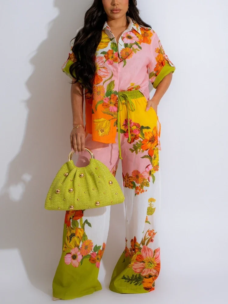 

2 Pieces Women Linen Blend Floral Printed Top Shirt & Contrast Pant Set