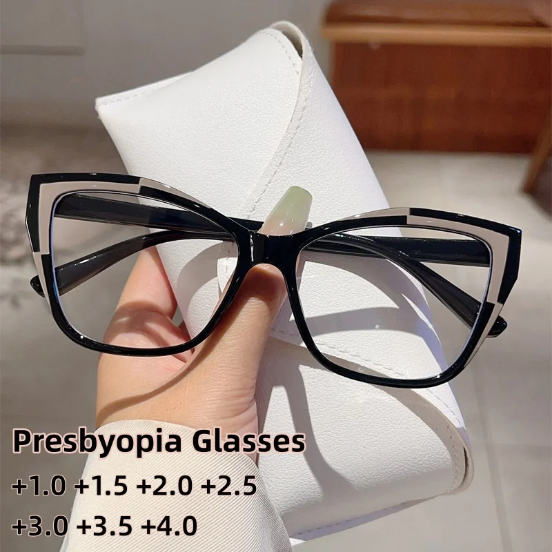 

Fashion Cat Eye Presbyopia Glasses Female Trendy Personalized Color Blocking Splicing Anti Blue Light Glasses Diopter To +4.0