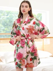 Flora Printed Belt Satin Robe, Bathrobe, Dressing robe, Suit for Home,Vacation,Party