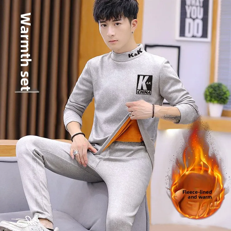 

Thickened Fleece Men's Gold Velvet Warm Underwear Mid-aged And Elderly Autumn Clothes Large Size Cold-resistant Sleepwear Set