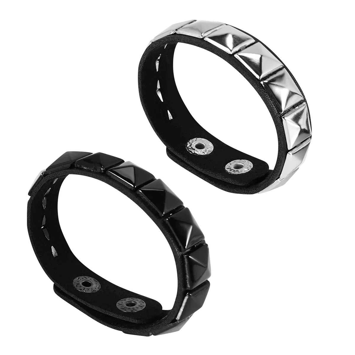 ONCE 2Pcs White Rivet + Black Rivet Punk Pyramid Studded Artificial Leather Bracelet Wristband