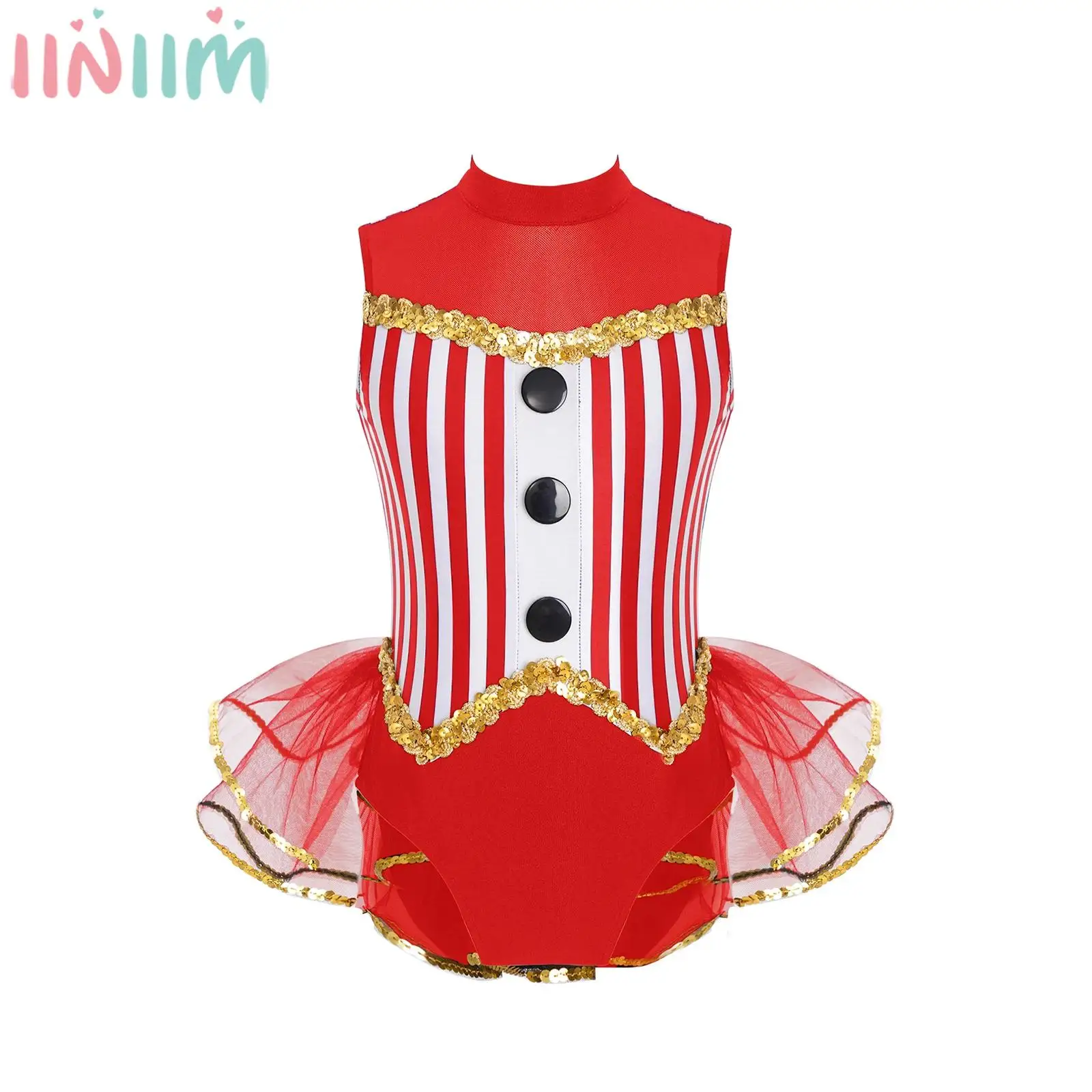 6-16Y Girls Halloween Carnival Circus Cosplay Costume Ballet Gymnastics Latin Jazz Dance Leotard Sequin Striped Tutu Bodysuit